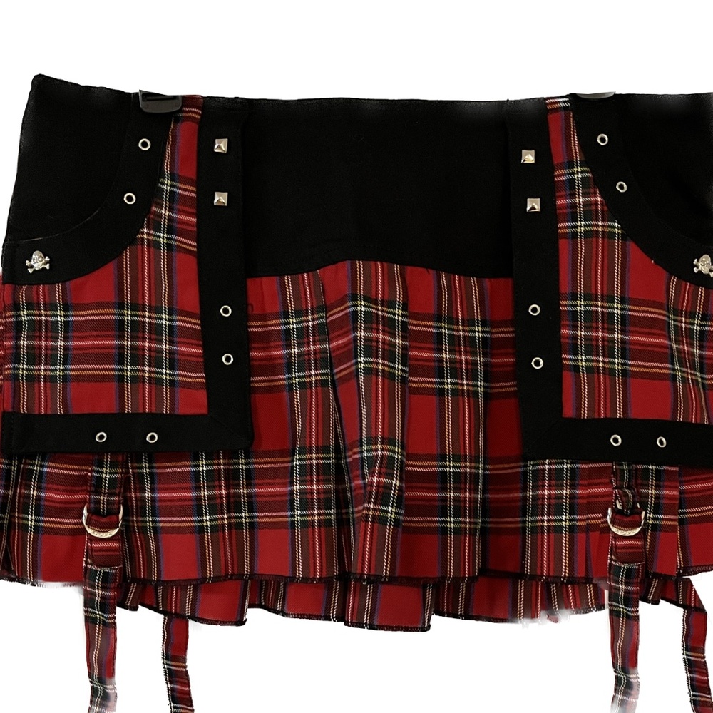 TRIPP NYC Vintage Plaid Mini Skirt Bondage  Silver Skull and Stud Accents XL